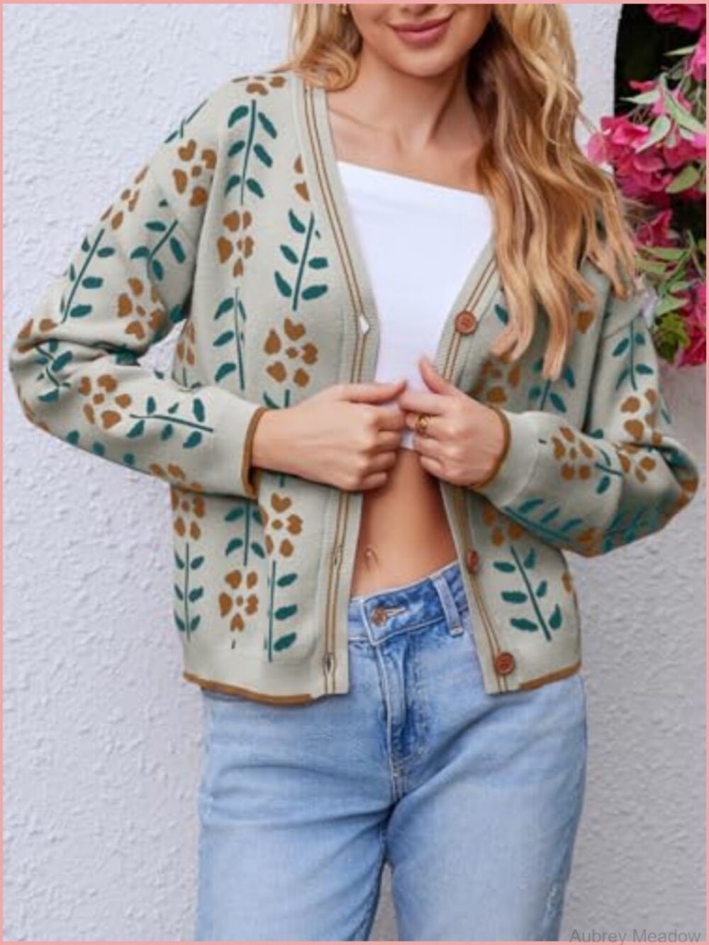 Floral Print V Neck Cardigan Open Front Button Down Knit Sweater Long Sleeve - Picture 5 of 7